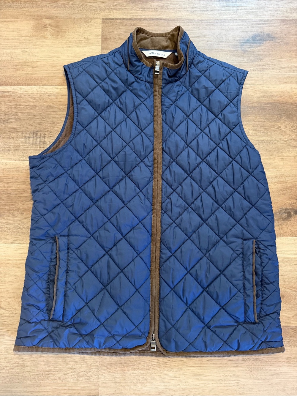 Peter Millar Essex Quilted Vest Men's Large Blue Brown Trim Fleece Lined Pockets